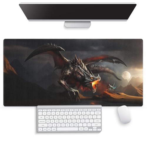 Large Gaming Mouse Pad (31.5" x 15.8") - Fantasy Scene Knight Fighting Dragon, Extra XXL Extended Office Accessories, Premium Stitched Anti-Slip Desk Mat - color: Dragon