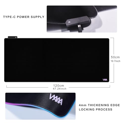 Vyaaa 47" x 20" RGB Gaming Mouse Pad, XXL LED Desk Mat with 9 Light-Up Modes, Smooth Surface & Non-Slip Rubber Base for Gaming/Office/Home (Black) - color: Black, size: 47L x 20W inches