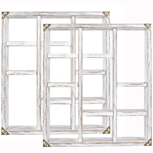 17.7x15.7-Inch Shadow Box Shelf 9-Slot Rustic Wood Floating Shelves Larger Shelf Lightweight Solid Wood Display(Set of 2,9C-Rustic White) - color: 9c-rustic White, size: 2 PCS