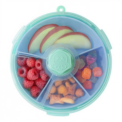 KingKam Kids Snack Spinner Containers, Reusable Toddler Spin Snack Container Box with 4 Compartments & Lid, BPA Free Food Grade Silicone Tray Dishwasher Safe, Travel Snacking Accessories (Blue/Green)