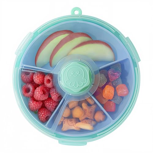 KingKam Kids Snack Spinner Containers, Reusable Toddler Spin Snack Container Box with 4 Compartments & Lid, BPA Free Food Grade Silicone Tray Dishwasher Safe, Travel Snacking Accessories (Blue/Green)