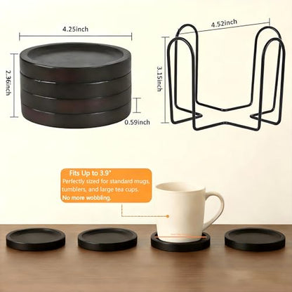 Wood Coasters for Drinks Set of 4 with Holder, Minimalist Table Decor | Rubberwood coasters with holder for everyday drinks, coffee tables, bars, patios, minimalist decor and housewarming gifts