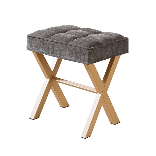 Royal Windsor Vanity Stool,Square Ottoman Stool Foot Rest,Upholstered Vanity Chair Foot Stool with Metal X Legs, Small Vanity Seat for Entryway,Bedroom and Living Room,Dark Grey+Yellow - color: 12.6"d Dark Grey+yellow