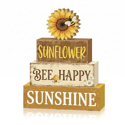 4 Pcs Summer Sunflower Kitchen Table Decor Bee Happy Summer Tiered Tray Decor Farmhouse Home Decorations Yellow Floral Wooden Signs Shelf Sitter Home Kitchen Office Decorations - style: Sunflower