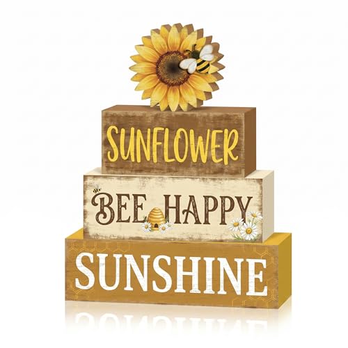4 Pcs Summer Sunflower Kitchen Table Decor Bee Happy Summer Tiered Tray Decor Farmhouse Home Decorations Yellow Floral Wooden Signs Shelf Sitter Home Kitchen Office Decorations - style: Sunflower