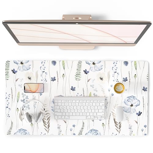 QiyI Large Mouse Pad for Desk, Floral Desk Mat for Desktop, Women Girls Office Décor Desk Accessories, PU Leather Waterproof Gaming Mousepad, Watercolor Flowers Desk Pad Computer Mat, 31.5" x 15.7" - color: Blue Poppies, size: 31.5" x 15.7"