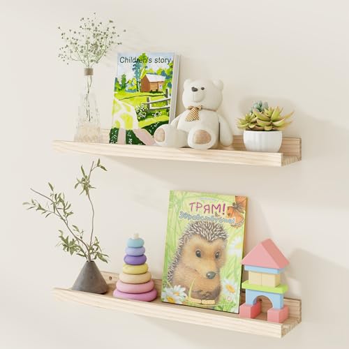 Picture Ledge Shelf, 24 inch Solid Wood Floating Shelves, Picture Shelf for Wall with Ledge, Floating Book Shelves for living room Bedroom Kitchen Nursery Decor, Natural Unfinished, Set of 2 - color: Usa-sourced Pine Wood Natural Unfinished, size: 24in