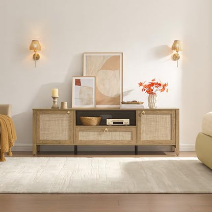 SICOTAS Rattan TV Stand for Living Room, 69" Boho TV Console Cabinet with Drawer & Adjustable Shelves, Large Entertainment Center with Storage for 55/65/75 Inch TVs