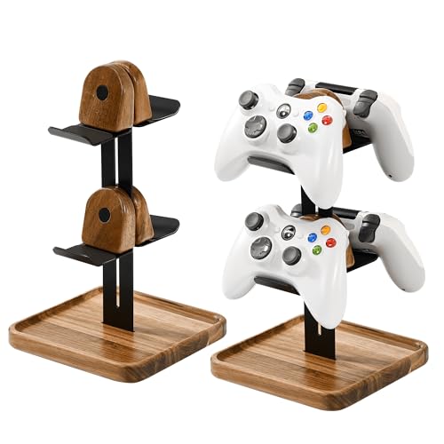 Game Controller Wood Stand for Desk, Adjustable 2 Tiers Game Controller Holder for PS/Xbox/Switch/Nintendo,Dual Tiers Controller Holder On The Desk,Solid Wood,4-in-1 Black