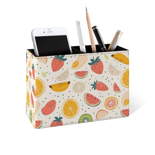Famame Fruits Orange Strawberry Pencil Holder for Desk, Leather Desktop Container Pen Cup Storage Study Table Pen Organizer Makeup Brush Holder for Classroom Office Home - color: Fruits Orange Strawberry