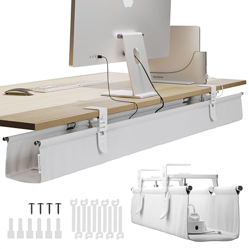 Ascrono Original No Drill Under Desk Cable Management Tray 53.9" - Premium White Fabric Cable Management Under Desk - Clamp/Screw Mount Cord Organizer - Supports Upto 66lbs - Extra Large - color: White, size: Extra Large (53.9 in)