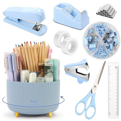 SKYDUE Desk Organizers and Accessories 10Pcs, 360-Degree Rotating Pen Holder, Stapler, Staple Remover, Tape Dispenser,2pcs Tape Refills, Binder Paper Clips Kit, Scissor (Blue) - color: Blue