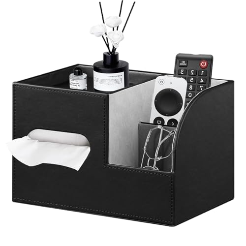PU Leather Tissue Box Cover Square, Tissue Box Holder Organizer with Storage Tray and Remote Control Holder for Bathroom Countertop Night Stands Bedroom Office Desk,Napkin Caddy Decorative Black - color: Black