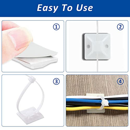 Strong Back-Glue Self Adhesive Cable Zip Tie Mounts Kit - 100 Set Cable Management Clips with 6" Zip Ties, Wire Holders - Outdoor Sticky Wire Organizer Clips - White - color: White