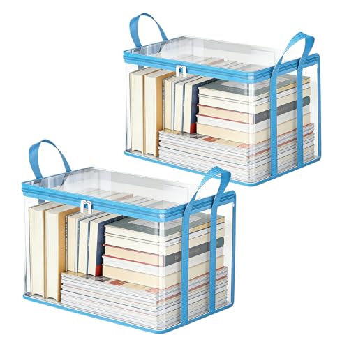 2-Pack Large Clear Book Storage Bags - Waterproof Plastic Comic Book Bin with Carrying Handles - Portable Book Display Case & Closet Organizer for Used Books, DVDs and Magazines - 15" x 9.5" x 12.5" - color: Blue, size: 2-Pack
