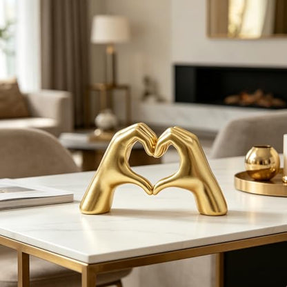 Gold Hand Heart Sculpture Home Decor for Living Room Bedroom Office Large | Resin Heart Gesture Statue Gifts Merch for Women Girls Wedding Birthday Love Finger Statue for Shelf Bookshelf Coffee Table - size: Large