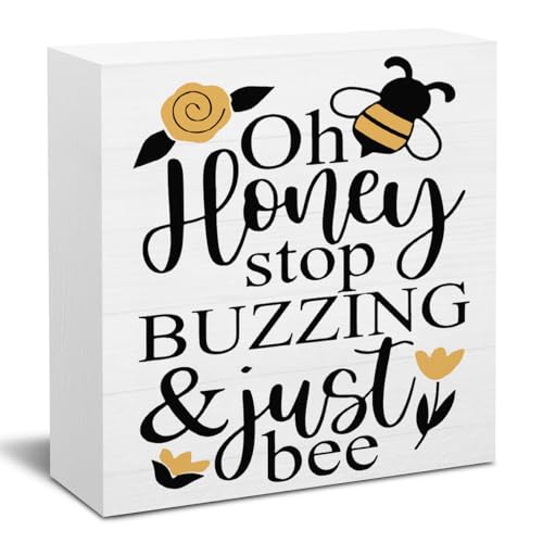 Summer Bee Sign Decor Bee Decorations for Home Oh Honey Wooden Box Sign Desk Accessories Home Office Bedroom Bathroom Teacher Classroom Decor 5 X 5 Inch - color: Honey