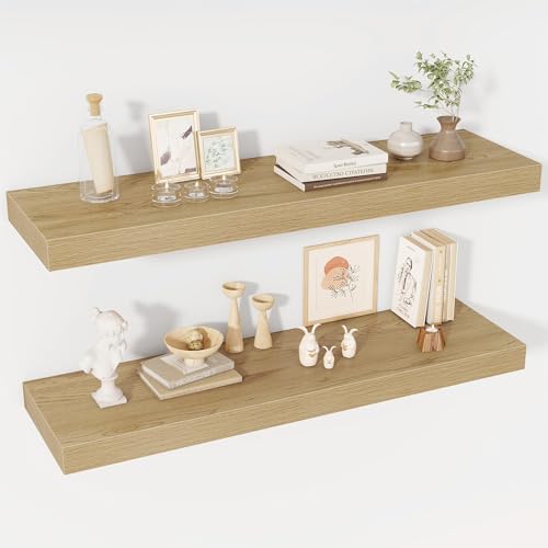 Acovy 40 Inch Floating Shelves, 12" Deep Floating Shelf Wall Mounted, 40" Wall Shelves, Rustic Deep Bookshelf, Extra Deeper & Thicker Display Shelves for Bedroom, Living Room, Oak, Set of 2 - color: Oak, size: 12"Wx40"L-2pcs