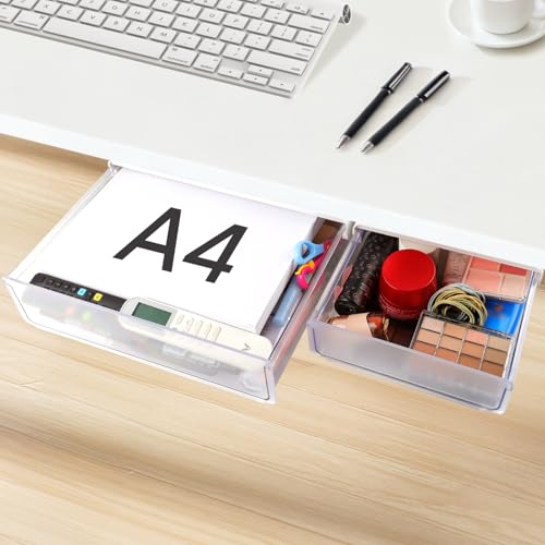 OSPNIEEK Self-adhesive Under Desk Drawer Organizer, 2 Pack Table Hidden Slide Out Large Storage Mounted Desktop Pencil Holder Tray Drawers for Office Home School Stationery Kitchen (XL+L, White) - color: Matte White, size: Extra Large + Large