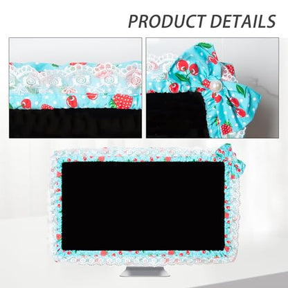 24-inch Cute Lace Fabric Monitor Cover with Elastic Pen Pocket & Bow-knot Design, Dust Protector for Computer/TV/LCD Screens - Blue - color: Blue & Cherry Strawberry