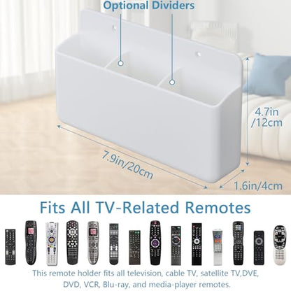 3 Slot Adjustable Remote Control Holder Wall Mount, TV Remote Box Hollow Bottom Slot Easy Phone Charging, Self Adhesive Remote Holder,Wall Pen Holder Storage Accessories for Home Office School (White) - color: White