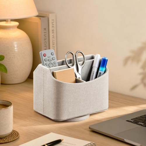 PUSU Leather 360°Rotatable Remote Control Holder,Nightstand TV Remote Caddy,Office Supplies Desktop Organizer,Spinning Storage Box for Pen,Mail,Phone,DVD, Blu-Ray, Media Player, Heater Controllers - color: A Elegant Beige