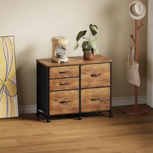 YeTom Lateral File Cabinet with 5 Drawers Rolling Filing Cabinets Under Desk Storage Printer Stand with Wheels,Mobile File Cabinet for Home Office,Rustic Brown - color: Rustic Brown2