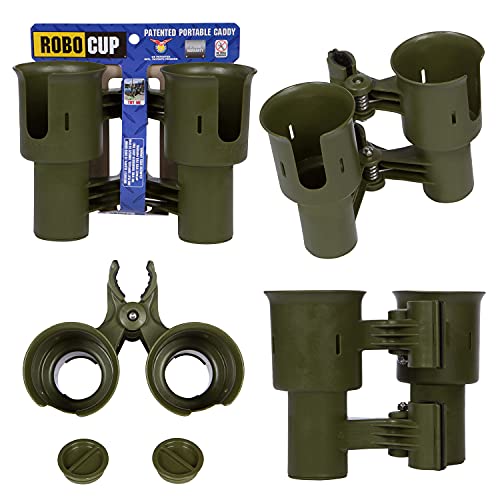 ROBOCUP, (Olive), Patented Clamp On Boat Cup Holder |Multifunction Dual Drink Caddy for Fishing Poles, Tools, Net, Gaff |Portable Storage for Boating, Beach, Umbrellas, Golf Carts, Strollers - color: Olive, size: Standard Spring
