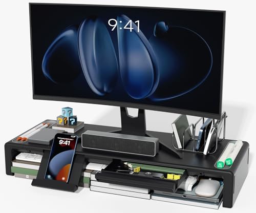 OImaster Adjustable Monitor Stand Riser with Drawer - Foldable Computer Stand for Desk, Desktop Organizer with Phone Holder & Pen Slot, Space Saving Laptop Riser for Home Office, Black - color: Black-Basic