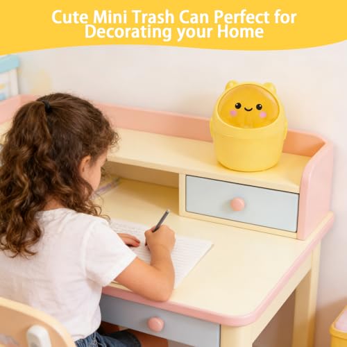 Mini Trash Can, Cute Small Trash Can with Lid, Desktop Paper Bin with 5 Rolls of Bin Liners, Portable Tabletop Dustbin, Cartoon Animal Rubbish Storage for Office Bedroom Desk Kitchen(Yellow) - color: Yellow