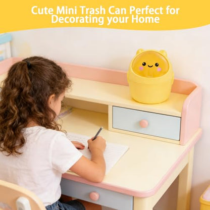 Mini Trash Can, Cute Small Trash Can with Lid, Desktop Paper Bin with 5 Rolls of Bin Liners, Portable Tabletop Dustbin, Cartoon Animal Rubbish Storage for Office Bedroom Desk Kitchen(Yellow) - color: Yellow