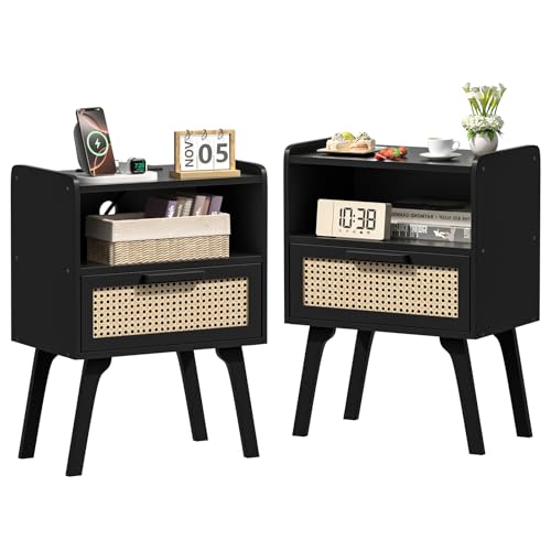 Lerliuo Rattan Nightstands Set of 2, Bedside Table with Drawer Open Shelf, Cane Accent Side End Table with Solid Wood Legs, Black Mid Century Night Stand for Bedroom, Dorm and Small Spaces - color: Black With Natural, size: 2 pack