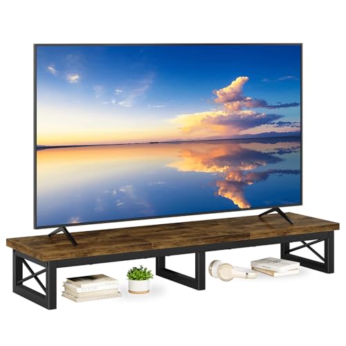 IBUYKE 45" Large TV Riser for 32-60 inch TV,Tabletop Short TV Stand with Storage and Steel Legs,Dual Screen Office Desk,Stand Riser,TV Riser Stand for Home,Bedroom,Living Room,Rustic Brown TVT002H - color: Rustic Brown