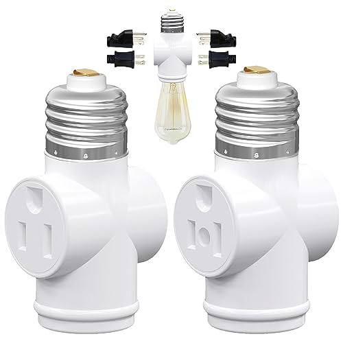 2 Pack, Light Socket to Plug Adapter, Convert E26 Light Socket to 3-Prong Outlet Adapter and Light Bulb Socket (White) - style: White