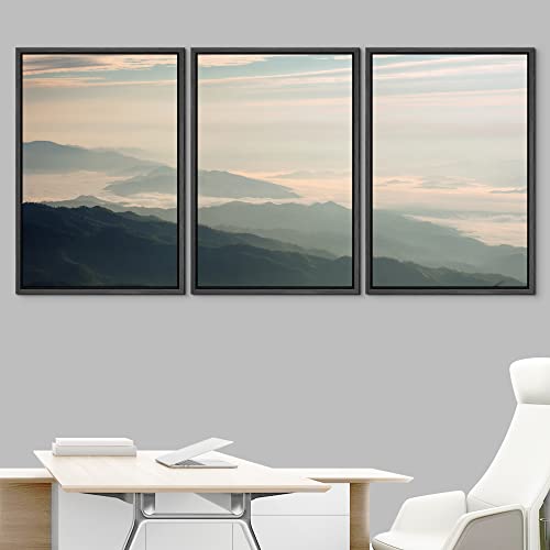 NWT Framed Canvas Print Wall Art Set Mountain Range Dawn Morning Landscape Nature Wilderness Photography Modern Art Realism Decorative Rustic for Living Room, Bedroom, Office - 16"x24"x3 Black - color: A02-2208-yuk26, size: 16" x 24" x 3 Panels BLACK