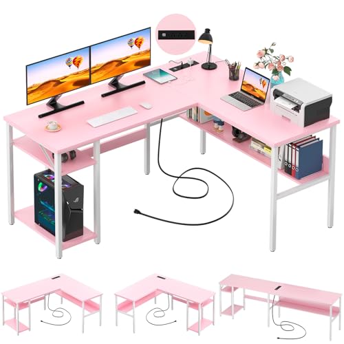 Unikito Reversible L Shaped Desk with Magic Power Outlets and USB Charging Ports, Sturdy Corner Computer Desk with Storage Shelves, Gaming Table Home Office Desk, Easy to Assemble, Pink - color: Pink