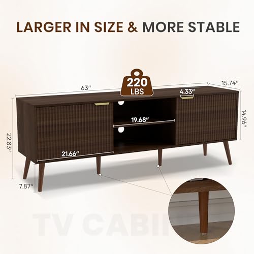 TV Stand for Living Room to 55/60/65/70 Inches, Mid Century Modern TV Consoles with Power Outlet, Entertainment Center with Door Cabinets and Open Shelves for Living Room, Bedroom, Walnut