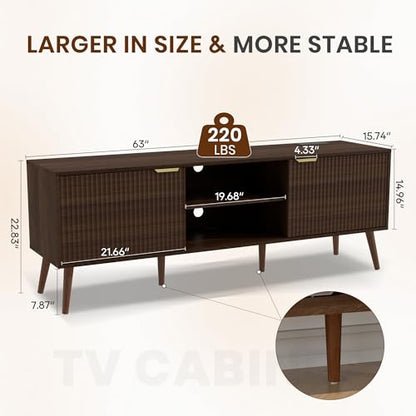 TV Stand for Living Room to 55/60/65/70 Inches, Mid Century Modern TV Consoles with Power Outlet, Entertainment Center with Door Cabinets and Open Shelves for Living Room, Bedroom, Walnut