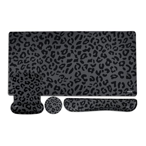 MOSISO Wrist Rest Support for Mouse Pad&Keyboard Set, Ergonomic Large Leopard Grain Desk Mat&Coaster Set, Non-Slip Mousepad&Pain Relief&Easy Typing Cushion with Memory Foam for Home Office, Black