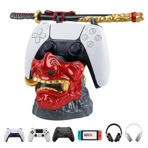 Gaming Controller Holder Stand Accessories: Samurai Warrior Mask Stand for PS5 Xbox Switch & Headsets, Resin Multi-Device Gaming Stand Desktop Organizer & Unique Gamer Gift