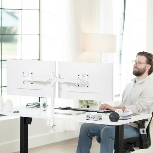 VIVO Dual Monitor Desk Mount for 13 to 30 inch Screens, STAND-V002W | White, Articulating, Adjustable Monitor Arm, Grommet or C-Clamp Mounting, Computer Stand for 2 Monitors, Holds 22 lbs Each - color: White, size: 13" - 30"