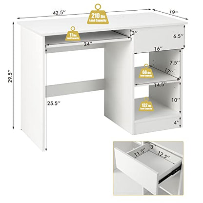 GOFLAME Home Office Desk with Drawer, Wooden Storage Computer Desk with Keyboard Tray & Adjustable Shelves, Executive Table Makeup Vanity Table Desk for Bedroom, Small Space, White