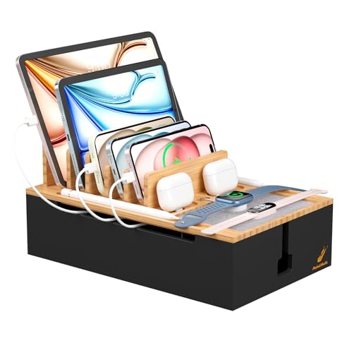 Pezin & Hulin Bamboo Charging Station, Electronic Devices Organizer for Multiple Devices Charger Such As Cell Phone, Tablet, Watch and More, Natural+Black, (No USB Charger and Cables - color: Natural+Black, size: Dock (No Charger&Cables)