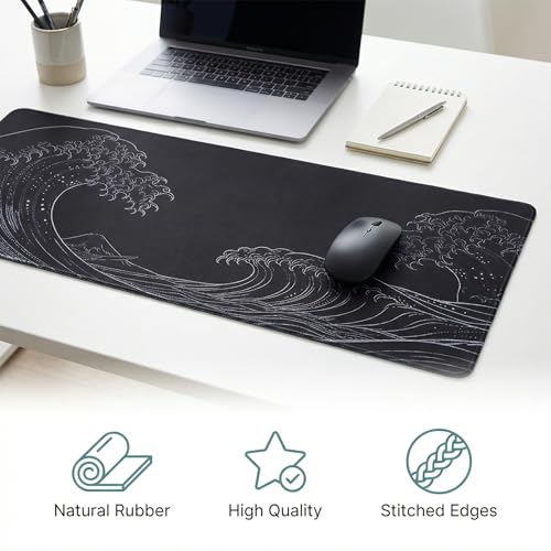 Large Gaming Mouse Pad 31.5x11.8 inch, 3mm Thick Non-Slip Rubber Base with Stitched Edges, Japanese Wave Style Desk Mat for Office, Home, Game