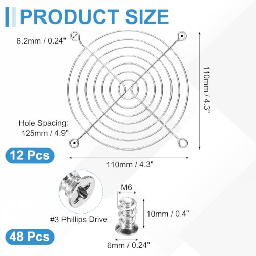 PATIKIL 110mm Fan Finger Grill, 12 Pcs Metal Ventilation Grill Guard Cover with Screws for Industry Workshop Computer Household Refrigerators Air Conditioning, Silver - size: 110mm