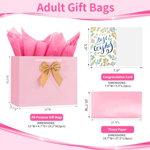 Powbrace Pink Bags with Handles, 13" Medium Gift Bag Set - 2 Gift Bag with Bow, 4 Tissues & Greeting Card for Wedding Baby Shower Fathers Day Mothers Day Birthday Party - color: 2Pcs Bright Pink Glossy – General Purpose, size: 1 count (Pack of 1)