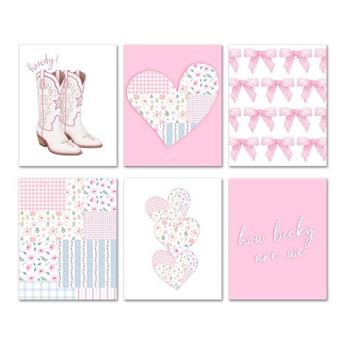 Isfvqyub Preppy Hot Pink Bow Wall Art, Aesthetic Coquette Cowgirl Boot Poster For Girl Cowgirl, Trendy Heart Floral Lucky We Are Wall Decor For Bedroom Dorm College Apartment, Set Of 6 -A09 - size: Hot Pink Bow