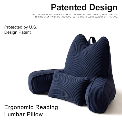 Patented Design Corduroy Sit Up Pillow for Bed with Arms, Reading Pillow for Adults with Extra Lumbar Pillow, Bed Rest Backrest for Watching TV, Gaming & Relaxing, Navy Blue - color: Navy Blue