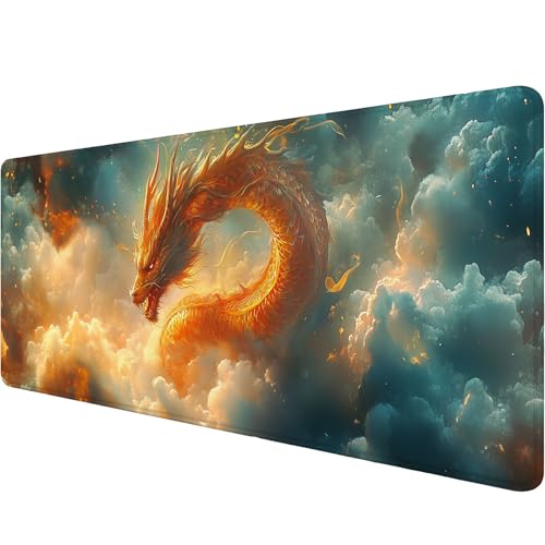Fantasy Dragon Gaming Mouse Pad Desk Pad 31.5 x 11.8 Inch Flying Auspicious Clouds Flames Large Gaming Mouse Mat with Stitched Edges,Non-Slip Waterproof Rubber Base Mous Mat - color: Fantasy Dragon, size: 11.8W x 31.5L inches
