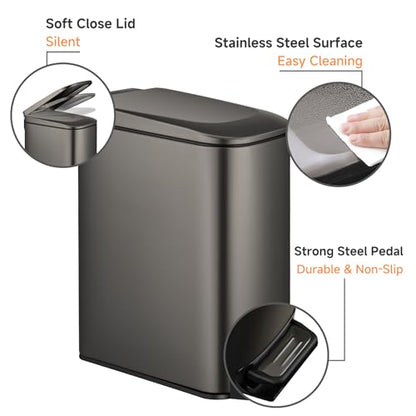 TIPGO Slim Bathroom Trash Can with Lid Soft Close, 6 Liter / 1.6 Gallon Stainless Steel Garbage Can with Removable Inner Bucket, Step Pedal, Small Trash Cans for Bedroom, Office, Kitchen (Black Gold) - color: Black Gold